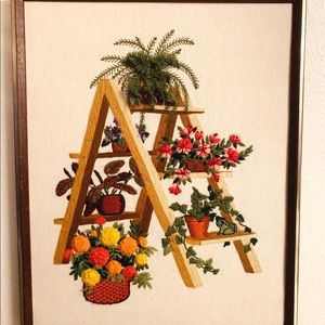 Vintage Crewel Stitch Art Boho Plant Picture